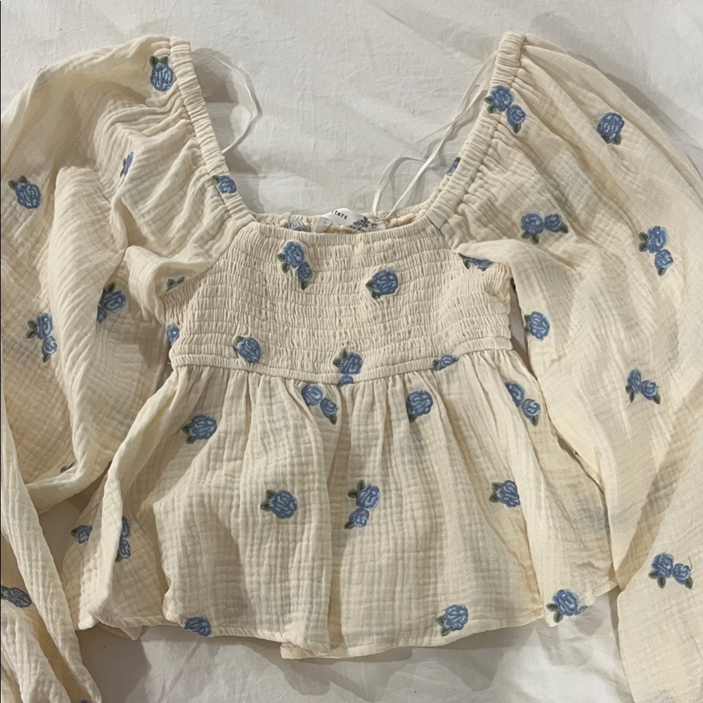 Altar’d State Floral Cream and Blue Women's Top